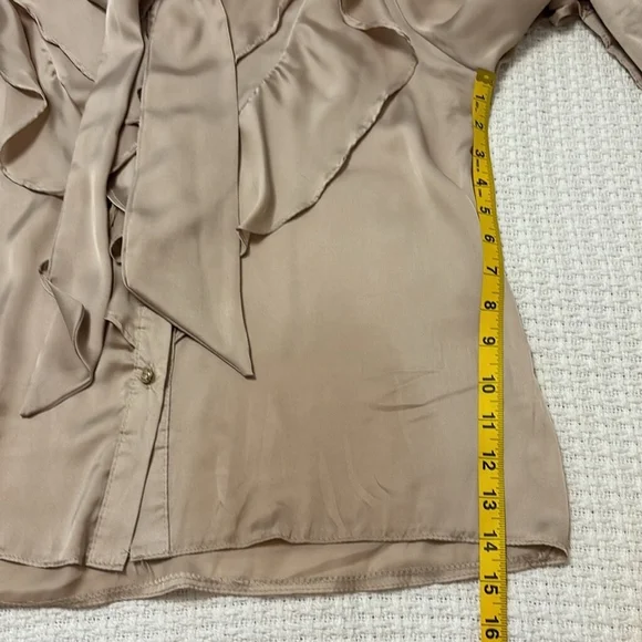 VINTAGE BERIN satin blouse top button front ruffle layers neck ties taupe large - Picture 12 of 13